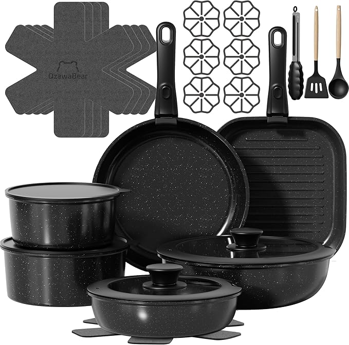 26 Pcs Pots and Pans Set Non Stick Ceramic Cookware Set Non Toxic with Detachable Handles Healthy Induction Cookware Oven Safe RV Kitchen Set PFAS PFOA &amp PTFE Free Black