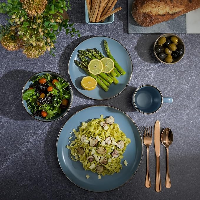 Rockaway 16 Piece Stoneware Dinnerware Set with Metallic Rim – Matte Blue Plates Bowls &amp Mugs Microwave &amp Dishwasher Safe