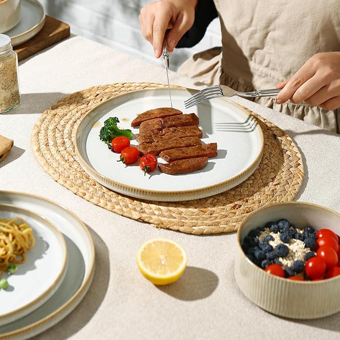 MONITO Ceramic Dinnerware Sets for 6 18PCS Stoneware Plates and Bowls Sets Reactive Glaze Dish Set Chip and Scratch Resistant Double Microwave and Dishwasher Safe Beige