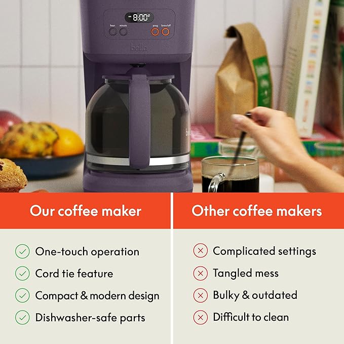 bella 12 Cup Programmable Coffee Marker Reusable Dishwasher Safe Accessories Easy LCD diaply Auto Shutoff 900 watt Plum