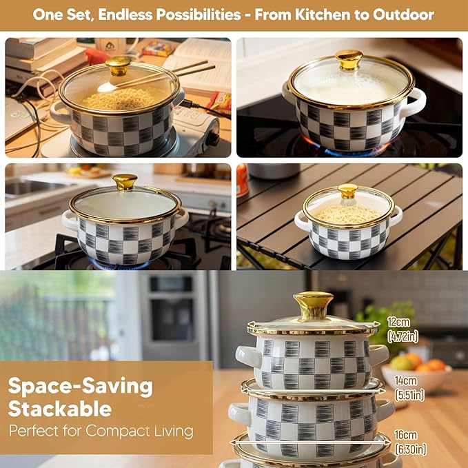 Pack of 3 Enameled Cookware Set for Multifunctional Kitchens Use Porcelain Materials Sturdy Design Ideal Family