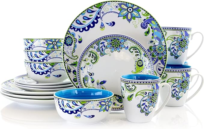 Unknown1 Blue Crush 16 Piece Round Porcelain Dinnerware Set Floral Casual Microwave Safe