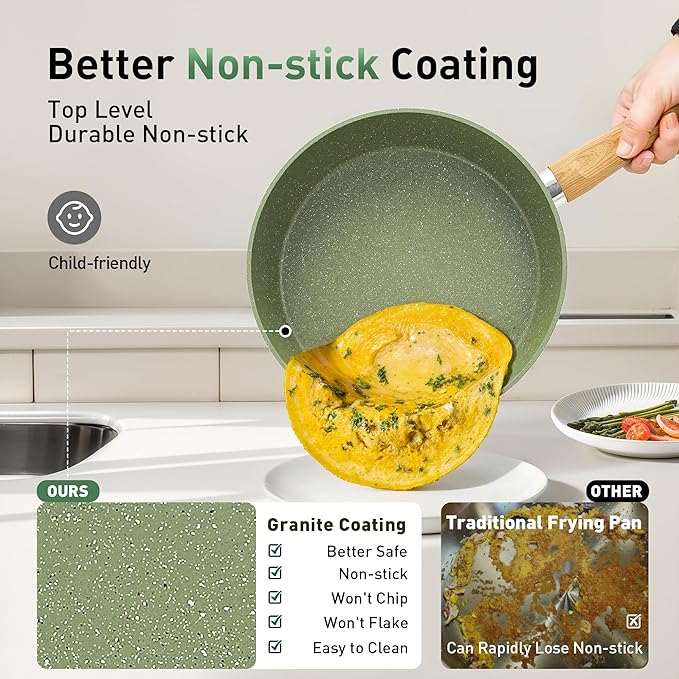 Kitchen Academy 30Pcs Induction Cookware Sets - Nonstick Kitchen Cooking Pans Set Pots and Pans Set Non Stick Green Healthy &amp Non Toxic Cookware Set
