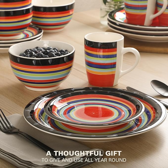 Gibson Home Festival Rings 16-Piece Stoneware Dinnerware Set – Colorful Hand-Painted Plates Bowls &amp Mugs Service for 4 Dishwasher &amp Microwave Safe Vibrant Tableware