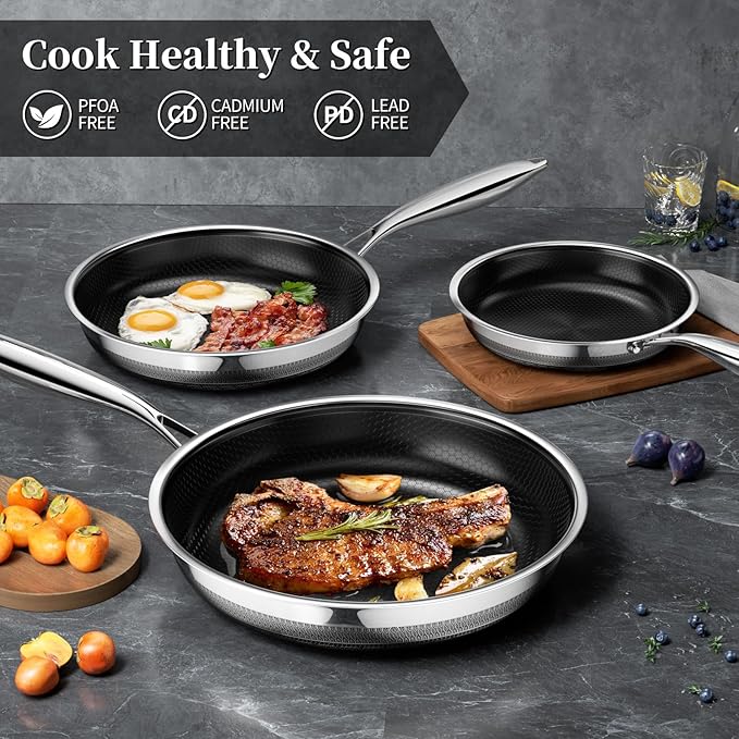 Innerwell Nonstick Frying Pan Set8 Inch&amp9.5 Inch&amp11 Inch Tri-Ply Hybrid Stainless Steel Ceramic Frying Pans Kitchen Cooking Pan Skillet 3 Piece PFAS/PFOA/PTFE FreeDishwasher &amp Oven Safe