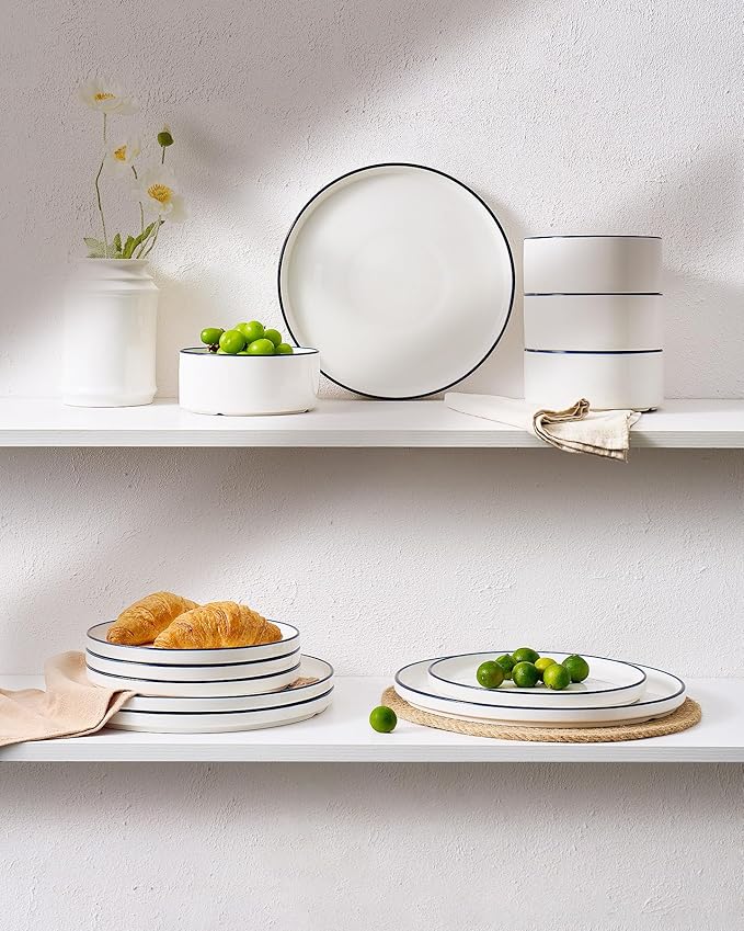 Famiware Porcelain Dinnerware Set 24-Piece Modern Plate and Bowl Set dish set for 8 Microwave and Dishwasher Safe Tableware White with Blue Trim