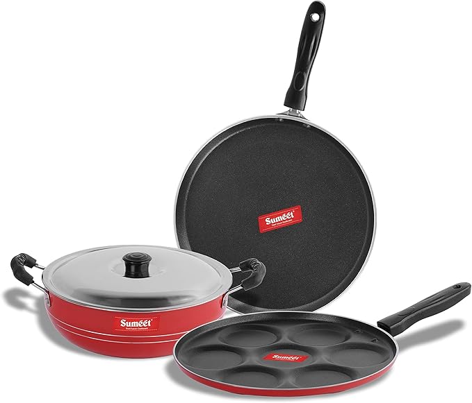Sumeet 2.6mm Thick Non-Stick Strawberry Combo set (Dosa Tawa – 26.5cm Dia + Multi snack maker – 26.5cm Dia + Kadhai With Lid – 1.5Ltr capacity- 20cm Dia)
