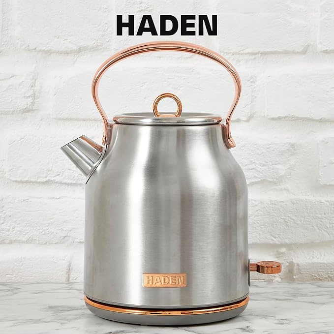 Haden Heritage 4 Slice Wide Slot Stainless Steel Toaster Bundled with 1.7 Liter Stainless Steel Electric Water Kettle Steel &amp Copper