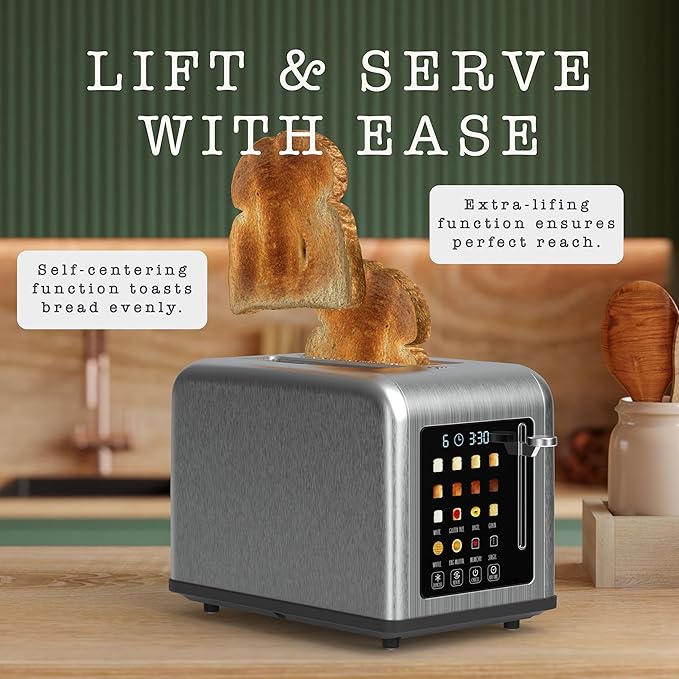 Rae Dunn 2 Slice Smart Toaster Digital Display Wide Slots 8 Browning Levels 6 Bread Types 4 Functions (Defrost Reheat Cancel Add Time) 825W Digital Stainless Steel