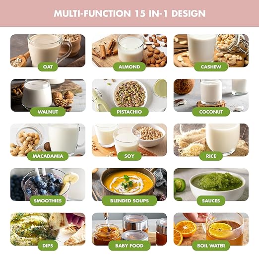 GreenPan Nut Milk Maker 15-in-1 Homemade Soy Almond Oat Coconut Non-Dairy Rice Soup Baby Food BPA-Free Smooth Creamy Texture Self Clean Barista Quality Milk Delay Start Boil Water Pink