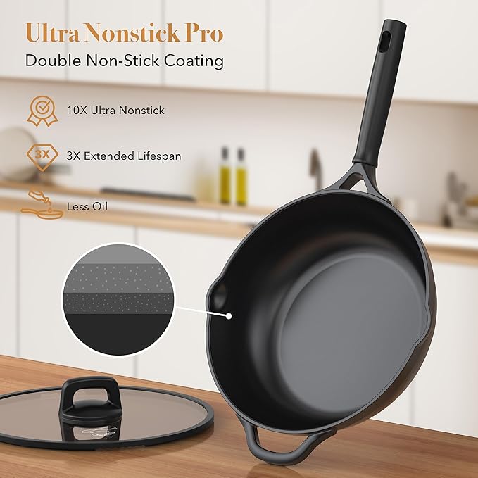 Nonstick pots and pans set 14 Pcs Induction Cooking Set with Pour Spouts and Oven Safe for Casserole PFOA FREE Classic BlackCompatible with All CooktopsHeat-resistant and comfortable handle