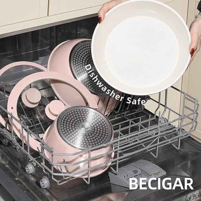 23pcs Ceramic Pots and Pans Set Nonstick Detachable Handle Cookware Induction Kitchen Cooking Set with Removable Handleinclude Frying Pans &amp Saucepans Oven Safe(Pink)