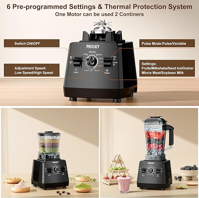 Professional BlenderSmoothies Blenders PRASKY Max.2400Watts/1000Watts Blender and Grinder Combo 25000RPM Powerful Kitchen 68oz BPA Free 2 Containers Countertop Blenders Ice Crushing Juice（Black ）