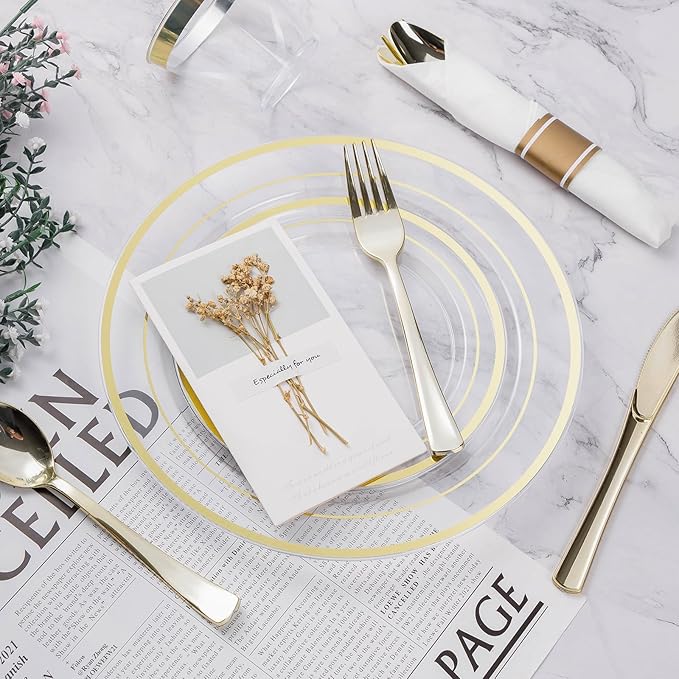 BESTVIP 700PCS Clear Gold Plastic Dinnerware Set for 100 Guests Disposable Party Plate for Christmas and New Year Include: 200 Plastic Plates 100 Pre Rolled Napkins with Silverware 100 Cups