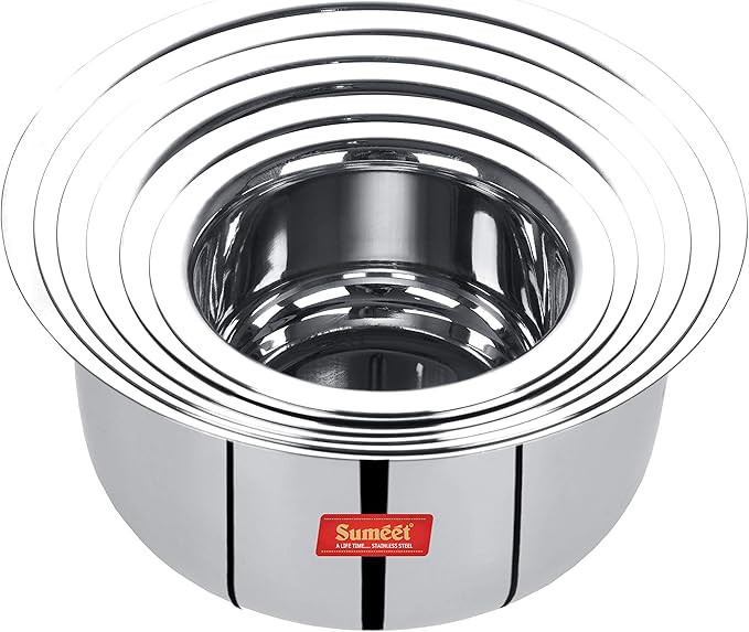 Sumeet Stainless Steel Mini to Big Size Flat Bottom Induction &amp Gas Stove Friendly Tope/Patila/Cookware Set of 6Pcs (370ML 550ML 800ML 1100ML1400ML 1800ML)