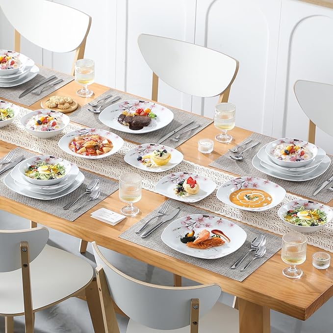 VEWEET Series Annie 48-Piece Ivory White Ceramic Porcelain Dinnerware Set with Pink Floral Pattern - Service for 12