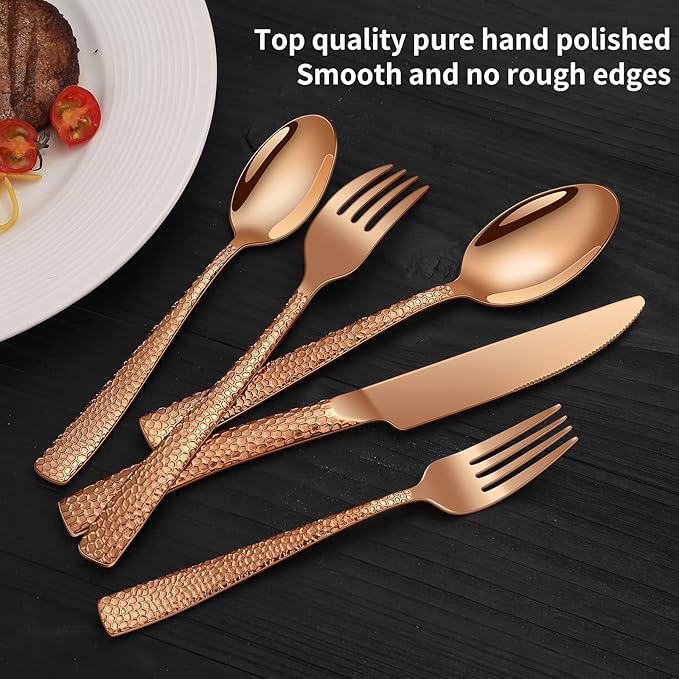 20-Piece Rose Gold Hammered Stainless Steel Flatware Set for 4 Including Fork Knife Spoon Set Home Kitchen Cutlery Sets Dishwasher Safe