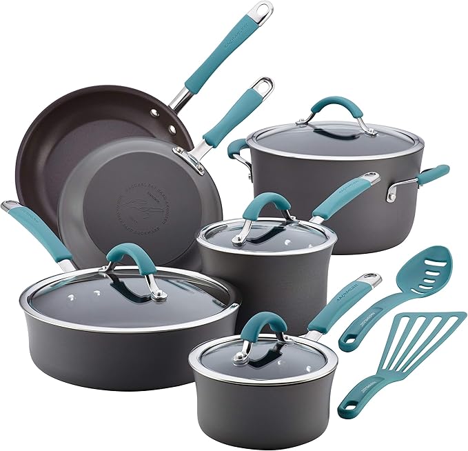 Rachael Ray Cucina Hard Anodized Nonstick Cookware Pots and Pans Set 12 Piece Gray &amp Cucina Nylon Nonstick Utensils/Fish Turner Spatula Solid and Slotted Spoons 4 Piece Agave Blue