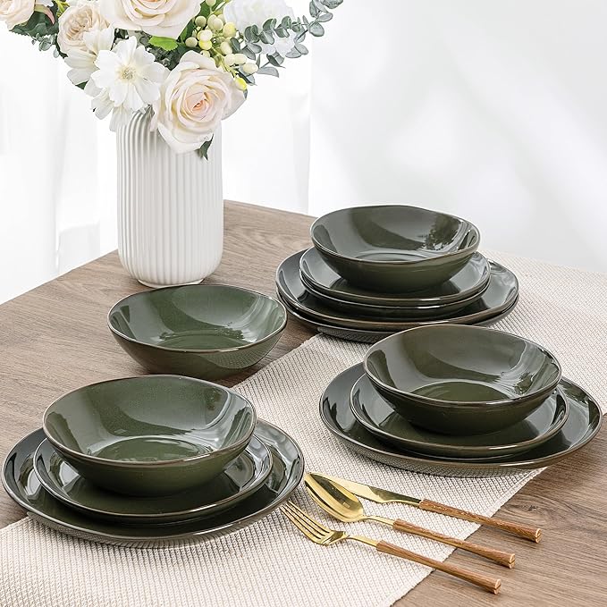 AmorArc Ceramic Dinnerware SetsHandmade Reactive Glaze Stoneware Plates and Bowls SetsHighly Scratch Resistant | Dishwasher &amp Microwave Safe Dishes SetService for 4 (12pc)