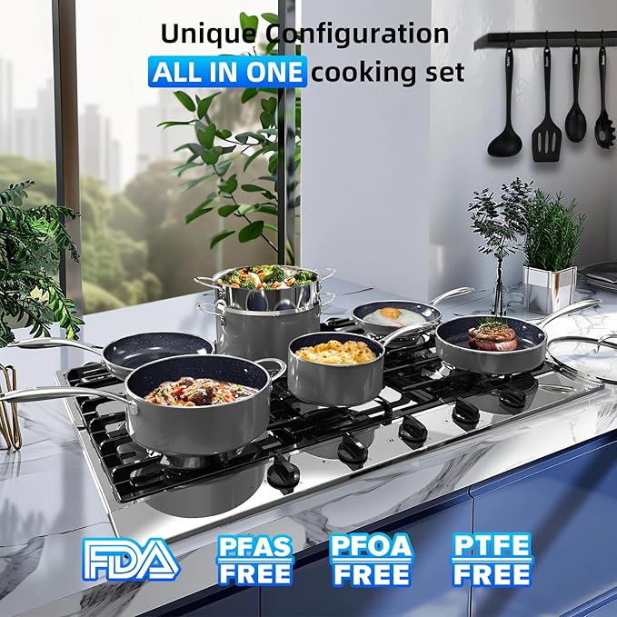 Deluxe DUXANO 14PC Healthy Pots and Pan With 9H Anti-scratch Coating 2-Layer Non-Stick Ceramic&ampPFAS Free Sensitively&ampEvenly Induction Cooking Enhanced Flavor with Infrared Cookware Dishwas