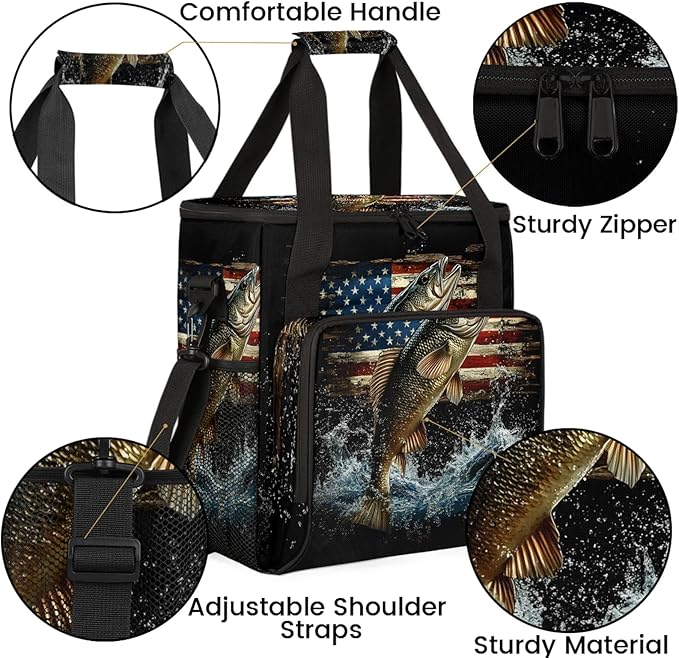 Vintage American Flag Coffee Maker Travel Bag Bass Fish Insulated Grocery Bag Travel Picnic Leakproof Cooler Bags With Shoulder Strap
