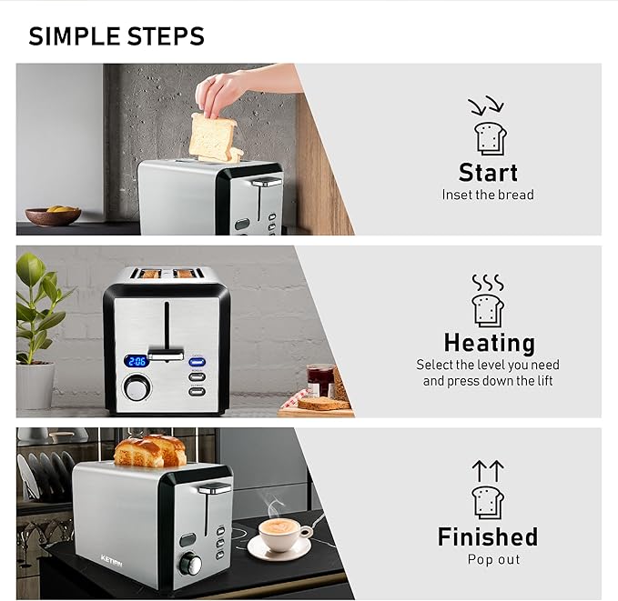 Toaster 2 Slice Wide Slot Stainless Steel Toaster with 6 Browning Levels Reheat &amp Defrost for Bagel Toast Bread Kitchen Essentials Removable Crumb Tray (sliver)