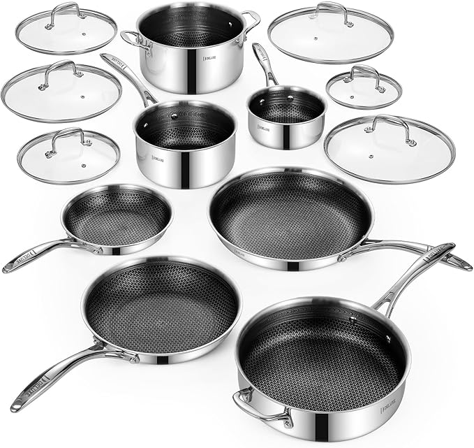 Deluxe 13 Piece Hybrid Ceramic Nonstick Stainless Steel Cookware Set-5 Piece Frying Pan Set 6 PC Pot Set 3.7QT Deep Sauté Pan&ampLid Induction Ready Stay Cool PFOA Free Compatible with All Cookt