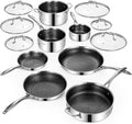 Deluxe 13 Piece Hybrid Ceramic Nonstick Stainless Steel Cookware Set-5 Piece Frying Pan Set 6 PC Pot Set 3.7QT Deep Sauté Pan&ampLid Induction Ready Stay Cool PFOA Free Compatible with All Cookt