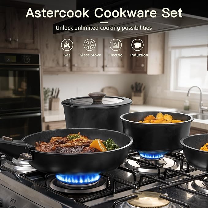 Astercook Non Stick RV Pots and Pans Ceramic Kitchen Cookware Set with Detachable/Removable Handle Oven Safe Induction Ready Stackable Black 21 pcs