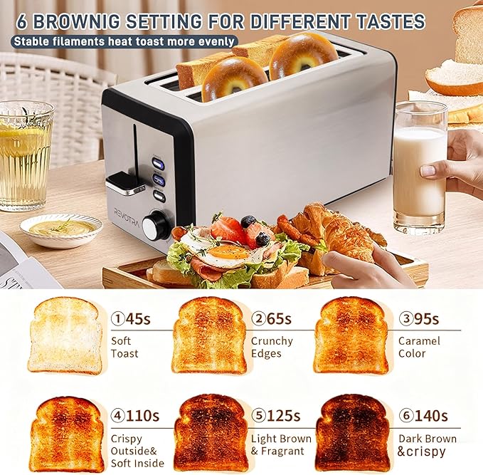 4 Slice Long Slot Stainless Steel Toaster with Extra Wide 1.5” Slots 6 Shade Browning Settings Defrost Reheat Cancel Functions Even Toasting for Artisan &amp Sourdough Bread Removable Crumb Tray