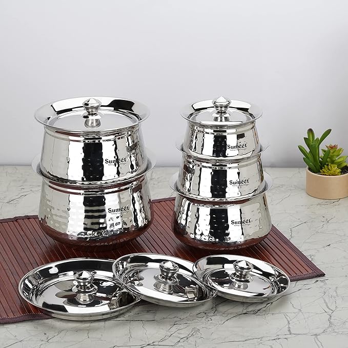Sumeet Stainless Steel Handcrafted Hammered Texture Handi Set with Lid for Kitchen Set of 5 460ml 650ml 950ml 1300ml &amp 1700ml Silver