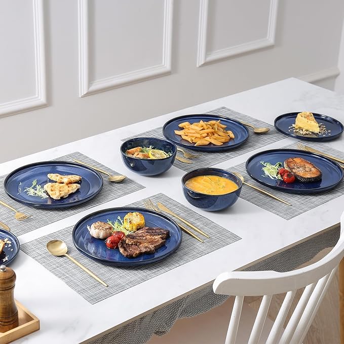 Vicrays 24-Piece Ceramic Dinnerware Set for 6 Ceramic Dinner Plates Salad Plates Bowls Set Coffee Mug Dishwasher Safe Not Microwave or Oven Safe Scratch Resistant Party - Blue