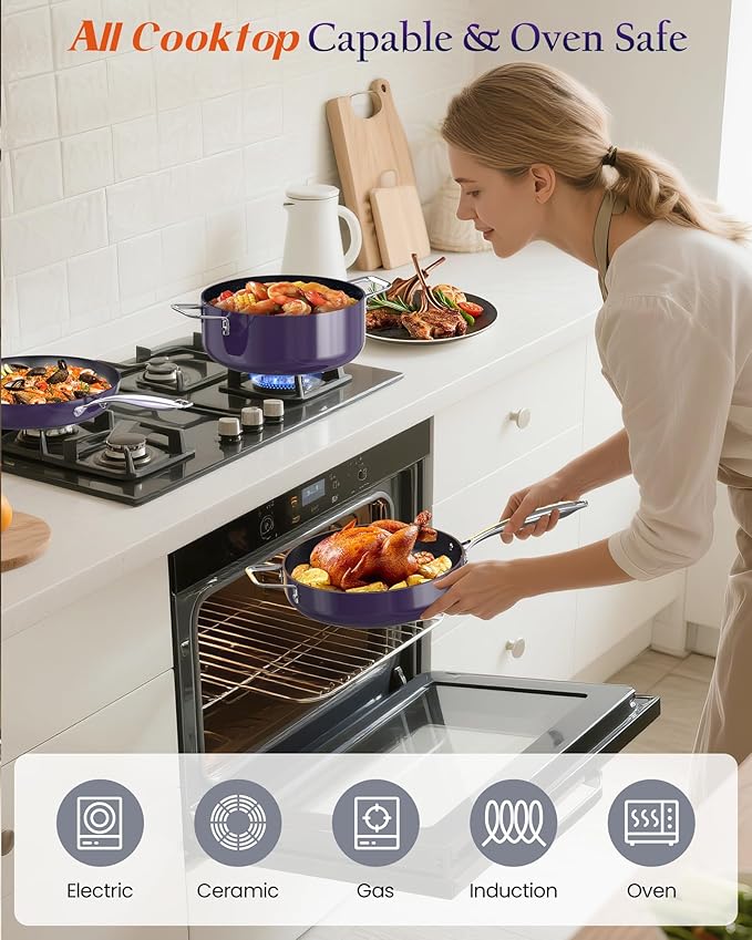 Nuwave Essential Series 5PC Ceramic Cookware Set PFAS-Free G11 Duralon Blue Coating Pots and Pans Set Non Stick Diamond Scratch-ResistantStay-Cool Handle Metal LidInduction ReadyDishwasher Safe