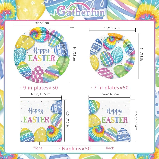 Happy Easter Party Supplies Kit Disposable Dinnerware Includes Paper Dinner Plates Dessert Plates Napkins for Easter party Decorations Serve 50