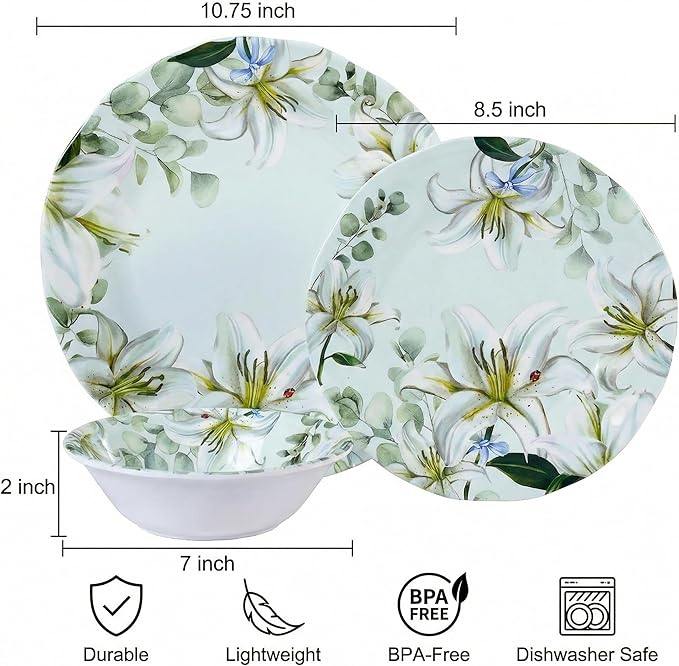 12-Piece Melamine Dinnerware Set - Shatterproof Plates and Bowls Sets for Everyday DiningElegant Lily Pattern Dish Set Outdoor Picnics and RV Camping Green &amp White