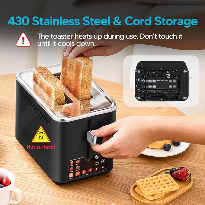 Trisiko® Touch Screen Toaster 2 SliceSmart Toaster with Digital Timer 1.38 Extra-Wide Slots for Bread&amp Bagelwith Reheat Defrost Cancel +15s Boost Great for Home Office Dorm (Black)