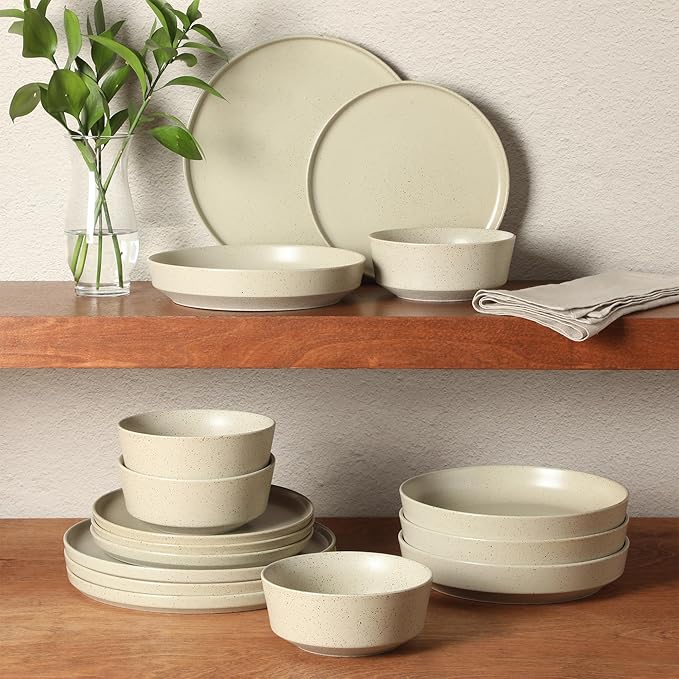 Gibson Elite Overbrook 16-Piece Pottery Clay Stoneware Dinnerware Set – White Reactive Glaze Stackable Plates and Bowls w/Pasta Bowl Service for 4 – Microwave &amp Dishwasher Safe