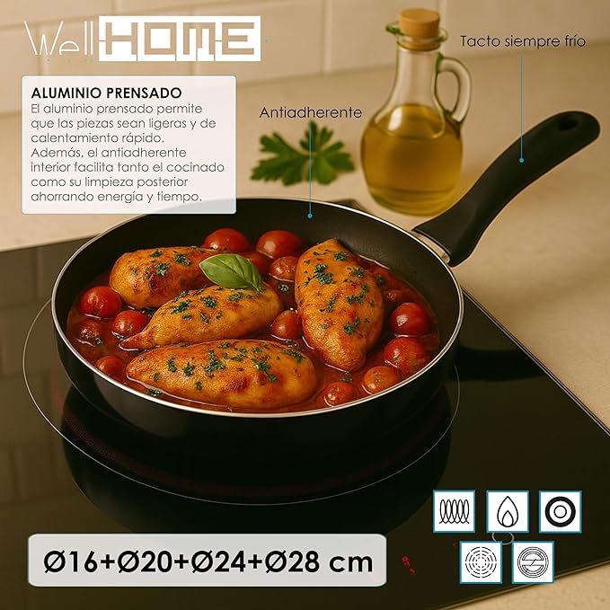 Well Home Set of 4 Pans Diameter 16 Diameter 20 Diameter 24 Diameter 28 cm Made of Pressed Aluminium in Metallic Grey