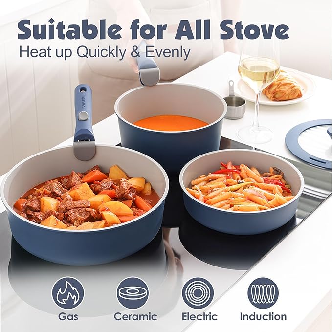 SENSARTE 17 Piece Ceramic Pots and Pans Set Nonstick Detachable Handle Cookware Induction Kitchen Cookware Set with Removable Handle Dishwasher ＆ Oven Safe (Navy)