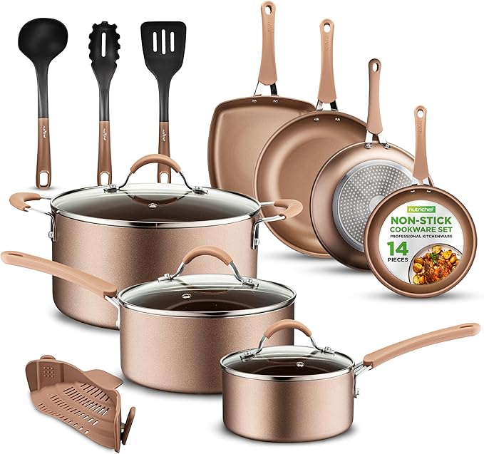 NutriChef 14-Piece Pots and Pans Set Non Stick – Induction Cookware Set PFAS-Free Nonstick Cookware for All Cooktops Includes Kitchen Utensils