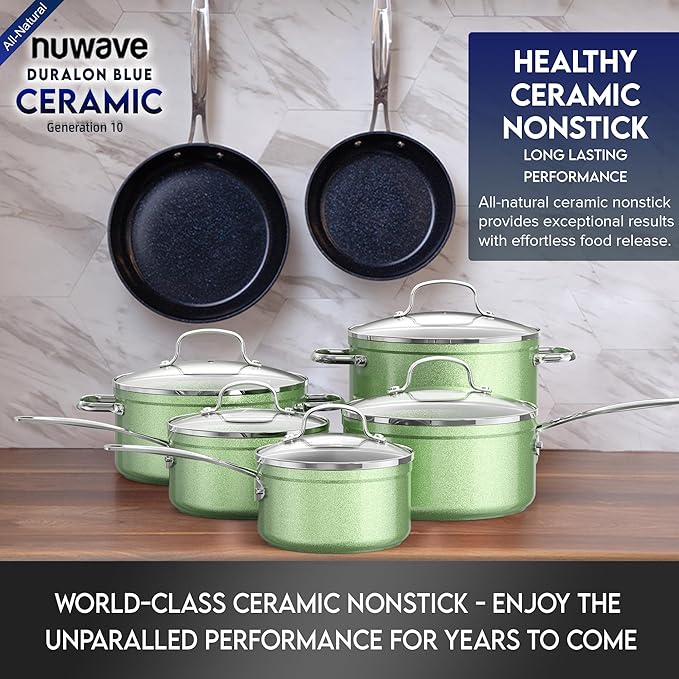 Nuwave Healthy Duralon Blue Ceramic Nonstick Cookware Set Diamond Infused Scratch-Resistant PFAS Free Dishwasher &amp Oven Safe Induction Ready &amp Evenly Heats Tempered Glass Lids &amp Stay-