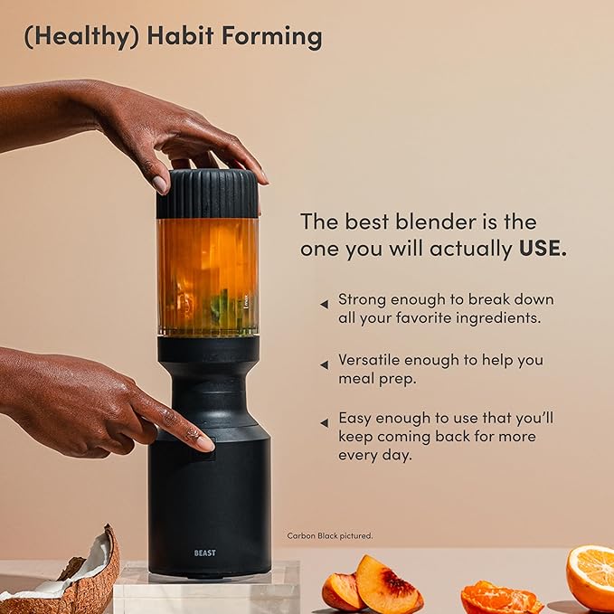 The Beast Mini Blender | Mini Countertop Kitchen Blender | Blend Smoothies and Shakes Dressings Sauces Dips | Straw Cap and Straws Included | 600W (Carbon Black)
