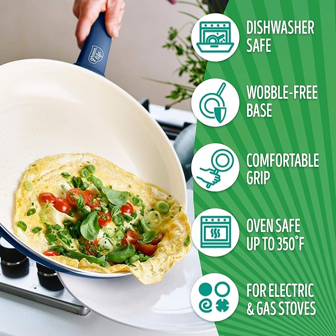 GreenLife Soft Grip Healthy Ceramic Nonstick Cookware Pots and Pans Set 16 Piece Blue &amp Bakeware Healthy Ceramic Nonstick Cookie Sheet 18 x 13 Turquoise