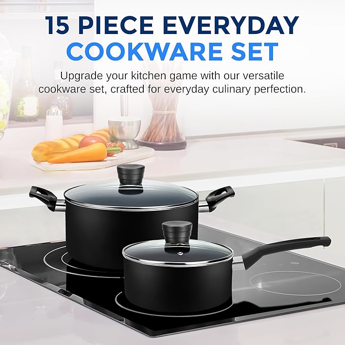 SereneLife Kitchenware Pots &amp Pans Basic Kitchen Cookware Black Non-Stick Coating Inside Heat Resistant Lacquer (15-Piece Set) One Size