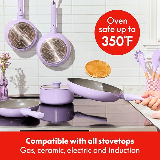 So Yummy by bella 12 Piece Cookware Set w EverGood™ Ceramic Nonstick Coating and Silicone &amp Wood Utensils Dishwasher Safe Silicone &amp Glass Lids Oven Safe &amp All Stovetop Compatible Lave