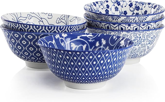 Elama Moxy 6 Piece Assorted Design 20 Ounce Porcelain Footed Blue Bowl Set Cereal Bowls Ice cream Bowls Serveware Tableware Set Dinnerware Set (Moxy)