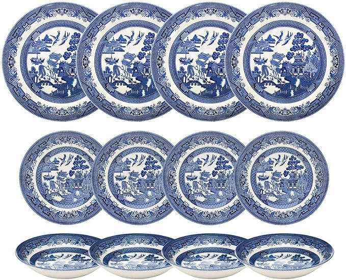Churchill Blue Willow Dinner Plates Salad Plates and Coupe Bowls 12 Piece Dinnerware Set Made In England