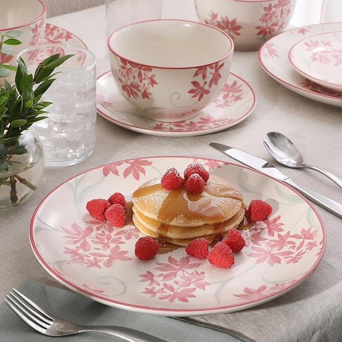 Gibson Home Admiral Hall 12-Piece Matte Stoneware Dinnerware Set – Dinner Plates Salad Plates &amp Bowls with Pink Floral Pattern Durable Everyday Dish Set Microwave &amp Dishwasher Safe