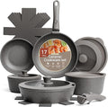 Bakken 17-Piece Ceramic Coated Aluminum Cookware Set Nonstick Pots and Pans with Lids Silicone Cooking Utensils &amp Oven Mitts All Stovetop Safe Up To 500°F PTFE &amp PFAS Free Dishwasher Safe