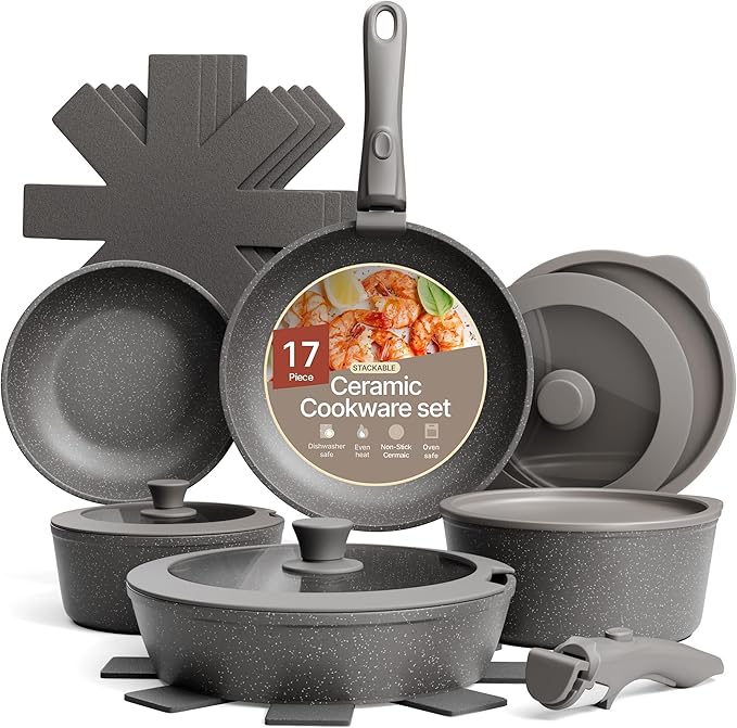 Bakken 17-Piece Ceramic Coated Aluminum Cookware Set Nonstick Pots and Pans with Lids Silicone Cooking Utensils &amp Oven Mitts All Stovetop Safe Up To 500°F PTFE &amp PFAS Free Dishwasher Safe